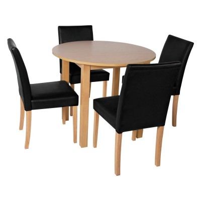 Elmdon Oak Circular Dining Table And 4 Black Chairs.