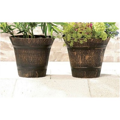 PAIR OF WOOD LOOK PLANTERS BRONZE