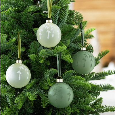 4pk Baubles - 8cm Green Flocked Glass